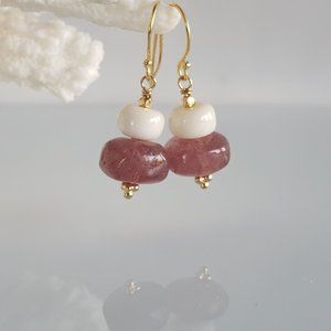 Strawberry Quartz and White Opal Dangle Bar Earrings, Solid 925 Sterling Silver